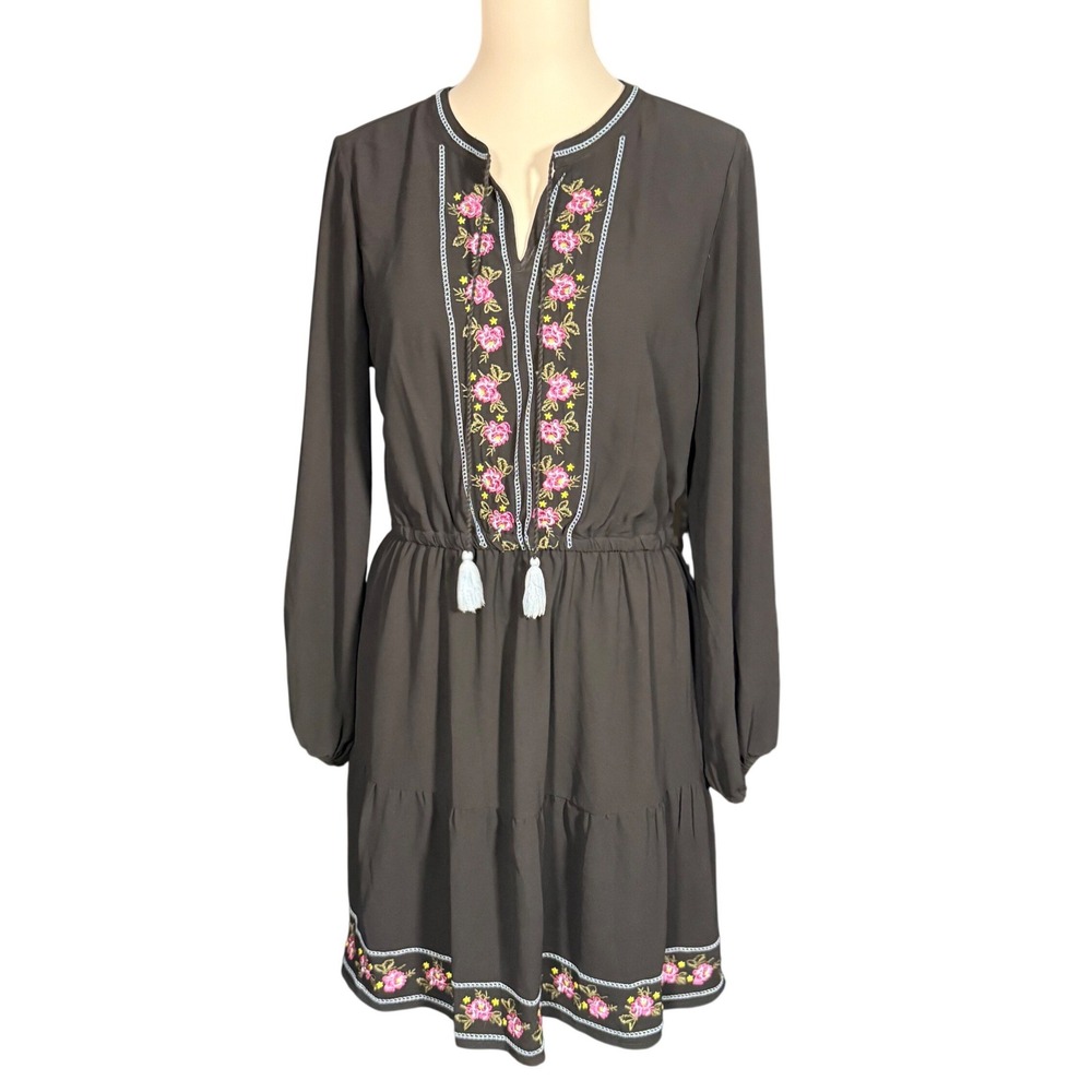 Neiman Marcus Boho Floral Embroidered Long Sleeve Mini Dress Black Size Small
